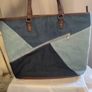 Avon Blue Geometric Denim Jean Large Tote Bag Purse Travel Y2K